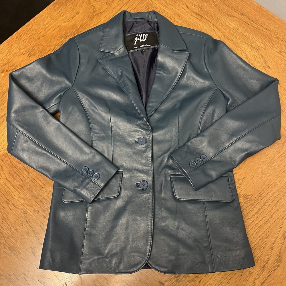 JLD‎ New Leatherman Leather Blazer Jacket Women's M Teal Blue Tailored Vintage